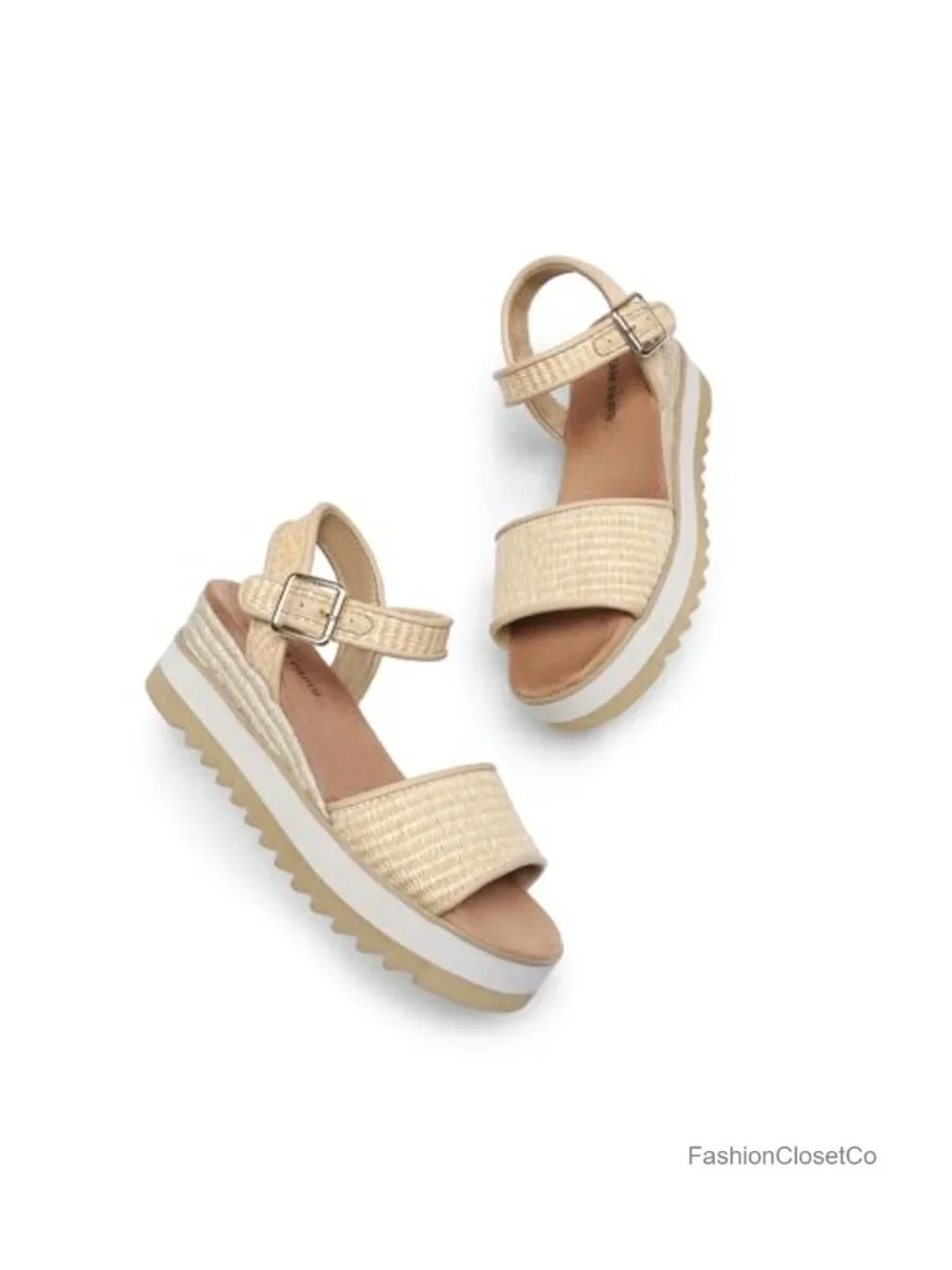 Women's Espadrille Platform Wedge Sandals with Raffia Upper and Buckle Ankle